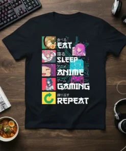 Eat Sleep Anime Gaming Repeat t-shirt design with anime characters, ramen, and gaming controller illustrations