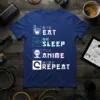 Eat Sleep Anime Repeat T-Shirt design with Japanese text and icons for each activity