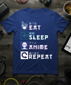 Eat Sleep Anime Repeat T-Shirt design with Japanese text and icons for each activity