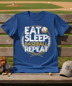 Eat Sleep Baseball Repeat text design with baseball graphic and crossed bats on a blue t-shirt