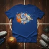 Eat Sleep Basketball Repeat text with basketball and hoop graphic on a blue t-shirt
