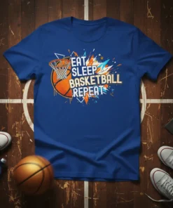 Eat Sleep Basketball Repeat text with basketball and hoop graphic on a blue t-shirt