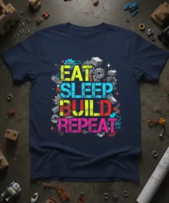 Eat Sleep Build Repeat text design with gears and construction elements on a navy t-shirt