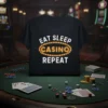 Eat Sleep Casino Repeat t-shirt with bold white text and a glowing oval around CASINO, designed for casino lovers