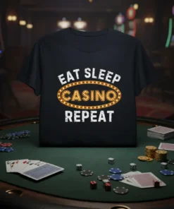 Eat Sleep Casino Repeat t-shirt with bold white text and a glowing oval around CASINO, designed for casino lovers