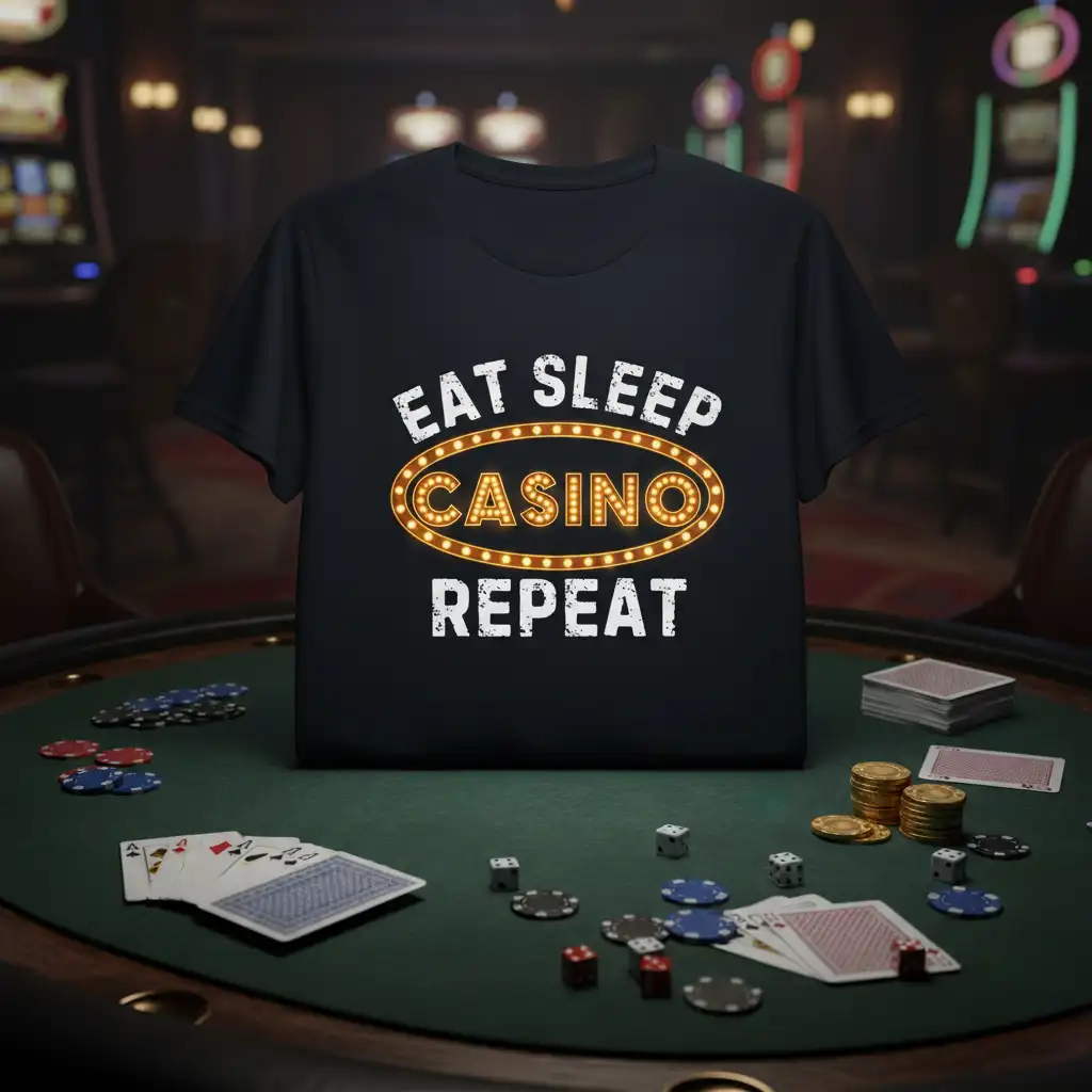 Eat Sleep Casino Repeat text design with illuminated CASINO oval, perfect for casino lovers