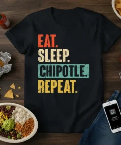 Eat Sleep Chipotle Repeat text design with distressed retro font in orange, cream, teal, and yellow on a black t-shirt