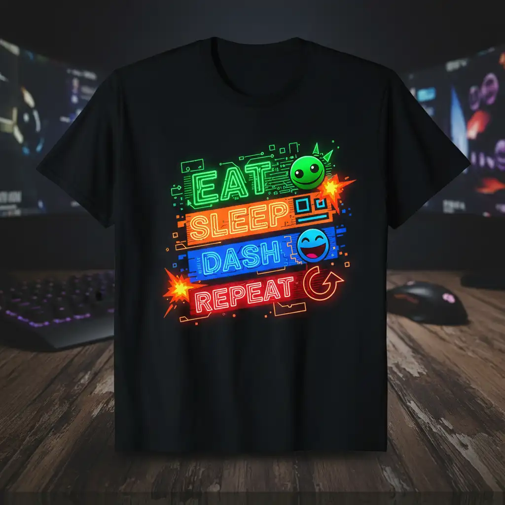 Eat Sleep Dash Repeat neon text design with gamer icons and circuit patterns, ideal for a gaming t-shirt