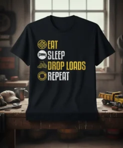 Eat Sleep Drop Loads Repeat trucker t-shirt design with truck and gear icons