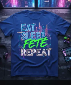 Eat Sleep FETÉ Repeat t-shirt with neon cityscape graphic, blue shirt, white and green text