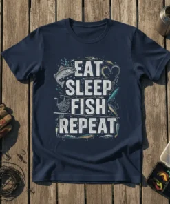 Eat Sleep Fish Repeat text design with fish, fishing lures, and reel on a navy t-shirt