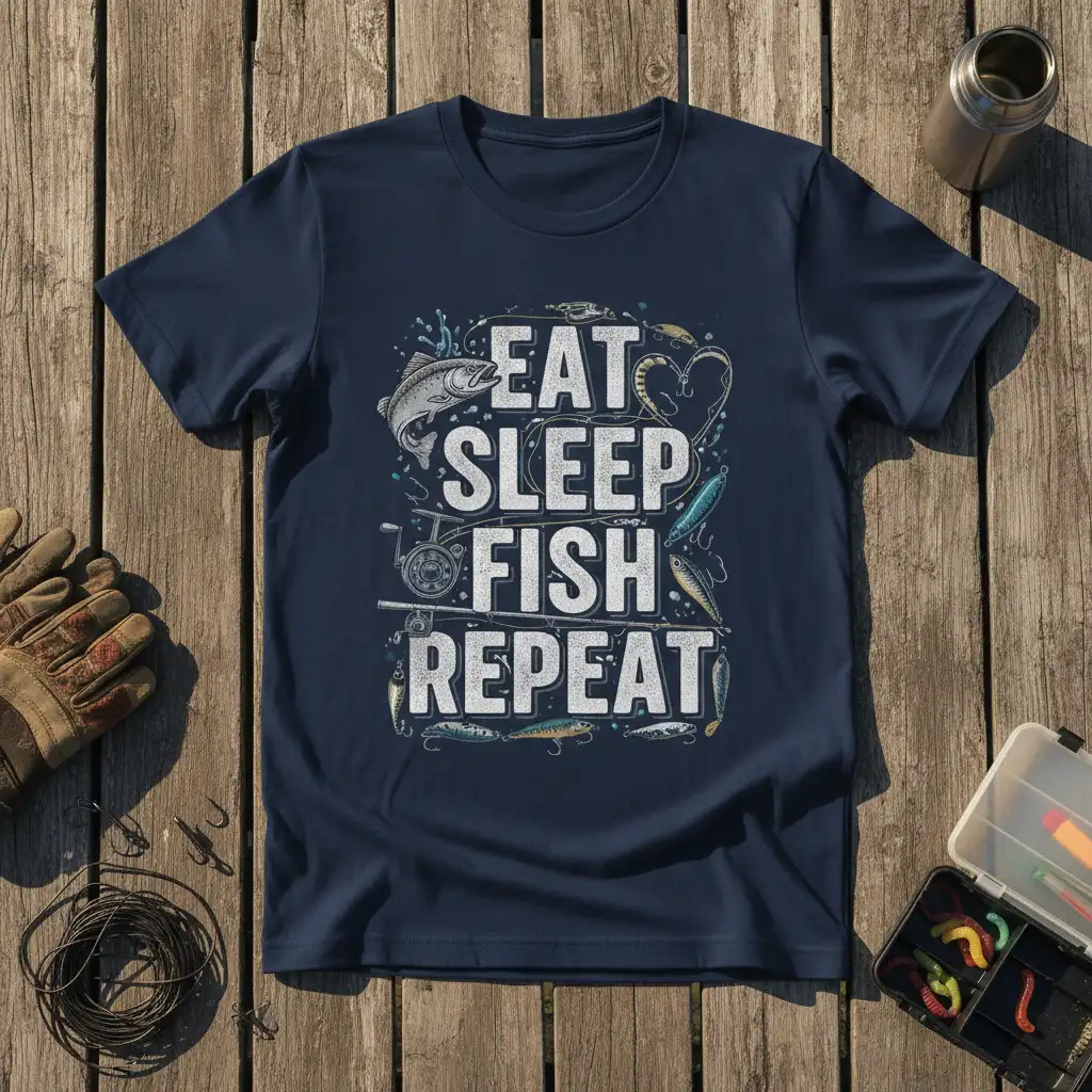 Eat Sleep Fish Repeat quote on a navy t-shirt featuring fishing graphics and lures