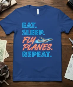 Blue t-shirt with "EAT. SLEEP. FLY PLANES. REPEAT." text and a graphic of a flying airplane