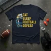 Eat Sleep Football Repeat text with a blue and yellow football helmet graphic on a navy t-shirt