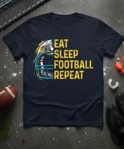 Eat Sleep Football Repeat text with a blue and yellow football helmet graphic on a navy t-shirt