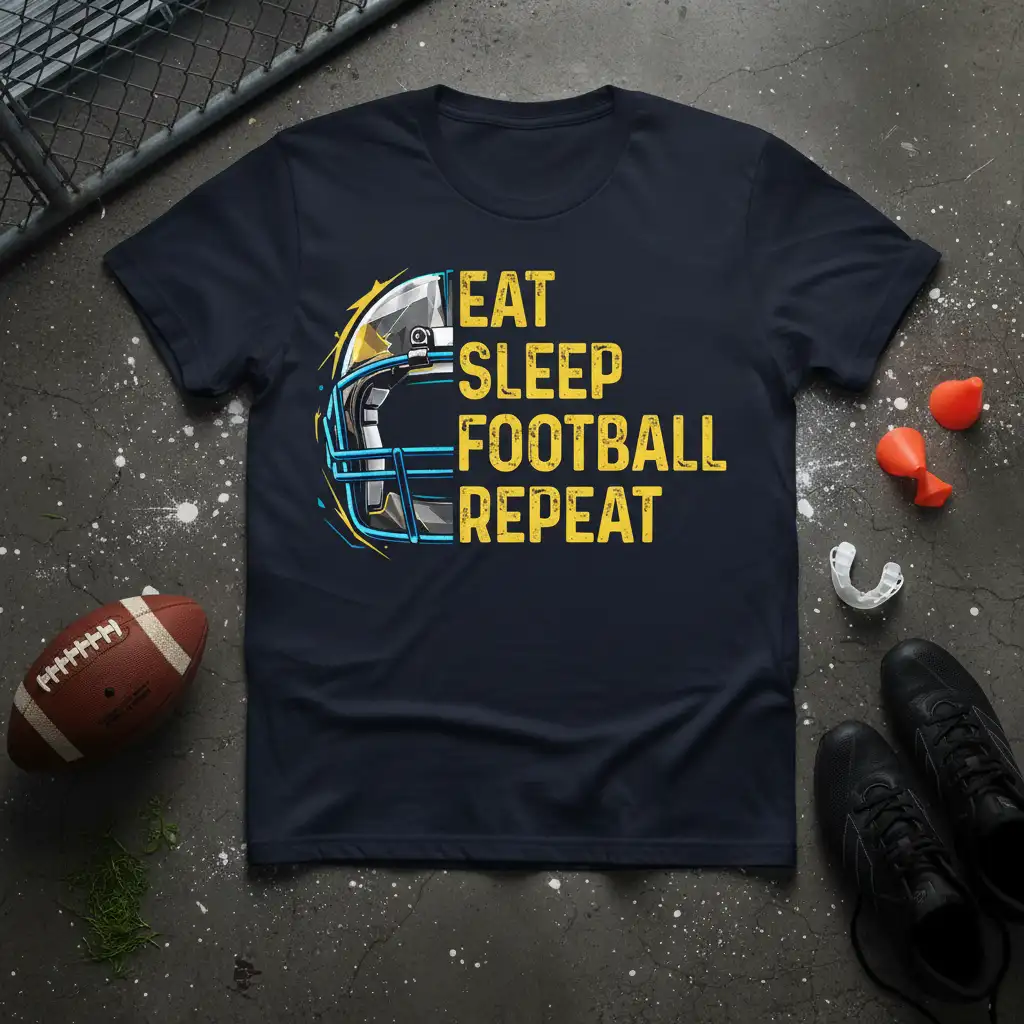 Eat Sleep Football Repeat motivational quote with football helmet graphic on a navy blue t-shirt