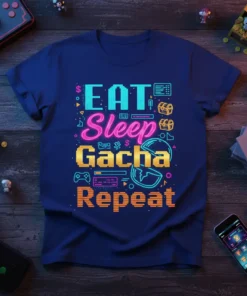 Eat Sleep Gacha Repeat text design on a navy t-shirt with pixelated graphics and game-related icons