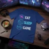Eat Sleep Game t-shirt with icons for food, sleeping, and gaming controller