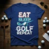 Eat Sleep Golf Repeat t-shirt design with golf club and ball graphic, glitch effect typography
