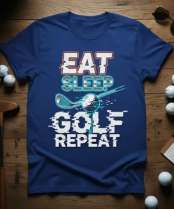 Eat Sleep Golf Repeat t-shirt design with golf club and ball graphic, glitch effect typography
