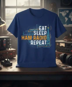 Eat Sleep Ham Radio Repeat t-shirt design featuring bold text and a schematic tower graphic