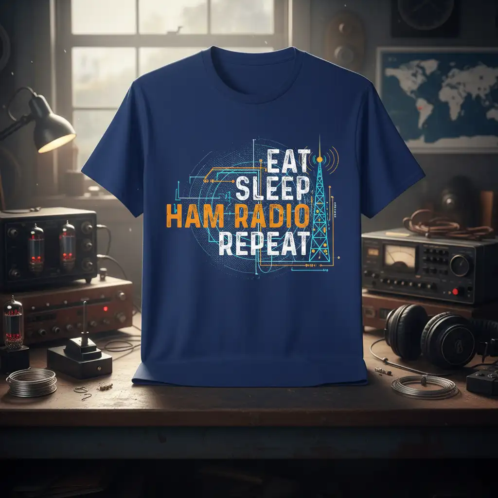 Eat Sleep Ham Radio Repeat quote t-shirt with schematic tower and circuit graphics