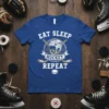 Eat Sleep Hockey Repeat t-shirt design featuring a hockey helmet, crossed sticks, and puck graphic
