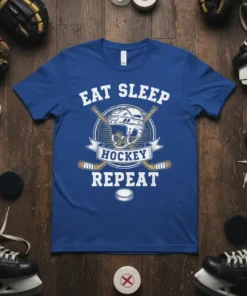 Eat Sleep Hockey Repeat t-shirt design featuring a hockey helmet, crossed sticks, and puck graphic