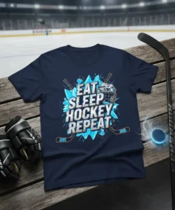 Eat Sleep Hockey Repeat text design on a navy blue t-shirt with hockey helmet and crossed sticks graphic