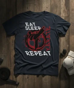 Eat Sleep Karate Repeat T-Shirt featuring a karate silhouette in action and bold typography