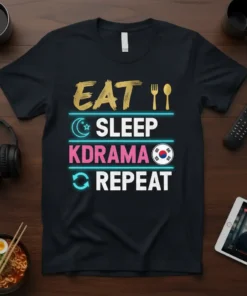 Eat Sleep Kdrama Repeat t-shirt design featuring bold text and Korean flag graphic