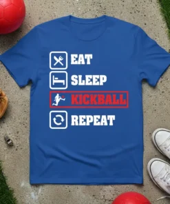 Eat Sleep Kickball Repeat t-shirt design with checklist icons and bold typography, featuring the word Kickball in a red box