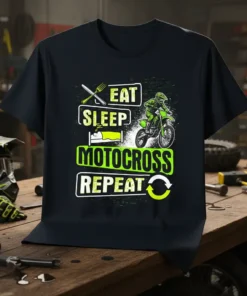 Eat Sleep Motocross Repeat graphic tee with a motocross rider and dirt bike illustration