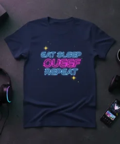 Eat Sleep Oueef Repeat text design with neon blue and pink glowing letters on a navy t-shirt, featuring small yellow