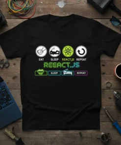 Black t-shirt with Eat Sleep React.js Repeat design featuring icons for food, sleep, React logo, and refresh symbol, along with