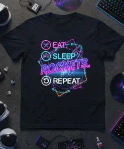 Eat Sleep Rockets Repeat text design with neon outlines and rocket graphic, perfect for space lovers