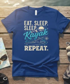 Eat Sleep Sleep Kayak Repeat T-Shirt with graphic of kayaker, mountains, and sun