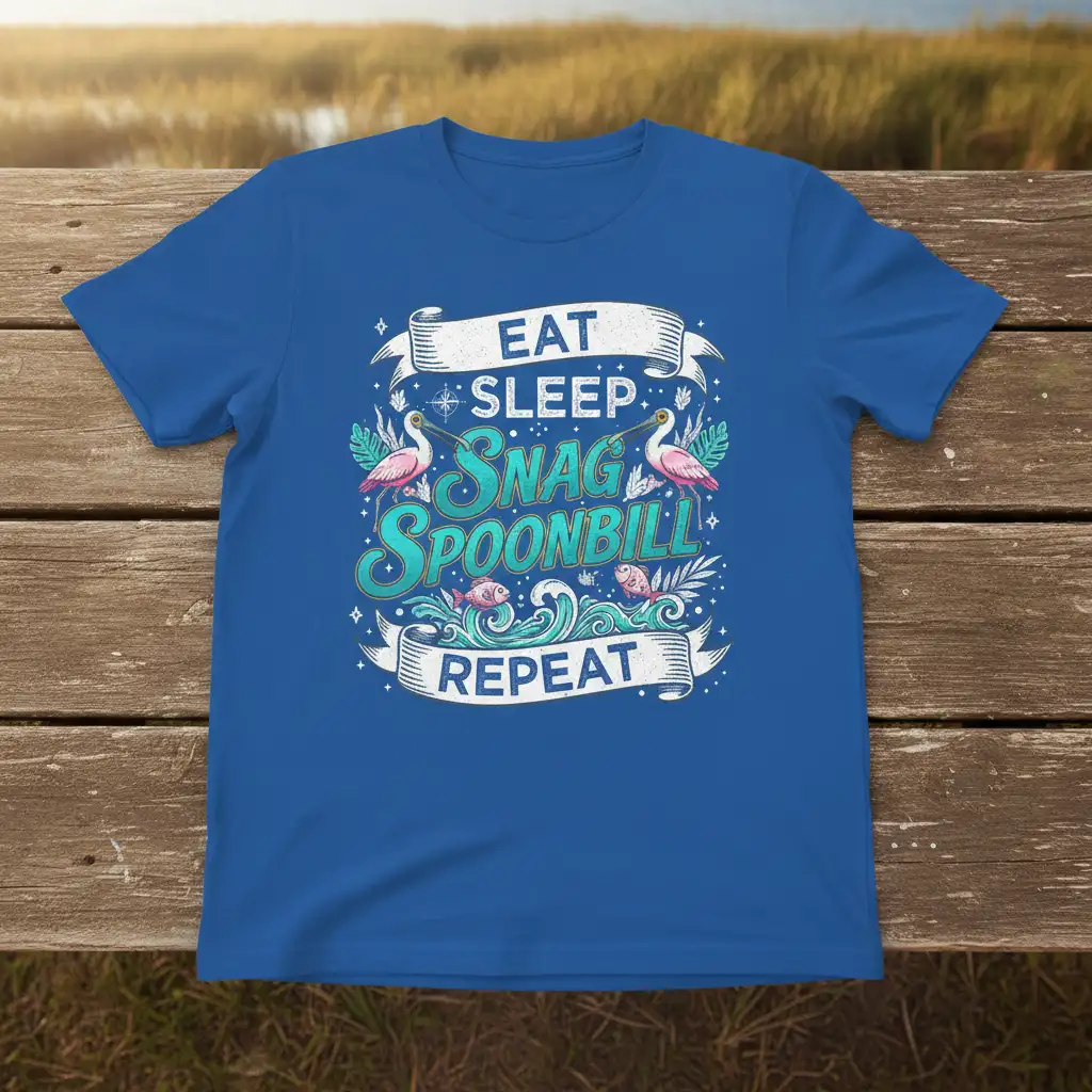 Eat Sleep Snag Spoonbill Repeat text design with spoonbill birds and fish graphics