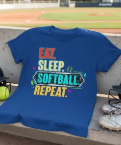 Eat Sleep Softball Repeat t-shirt with bold text and graphic elements, designed for softball enthusiasts