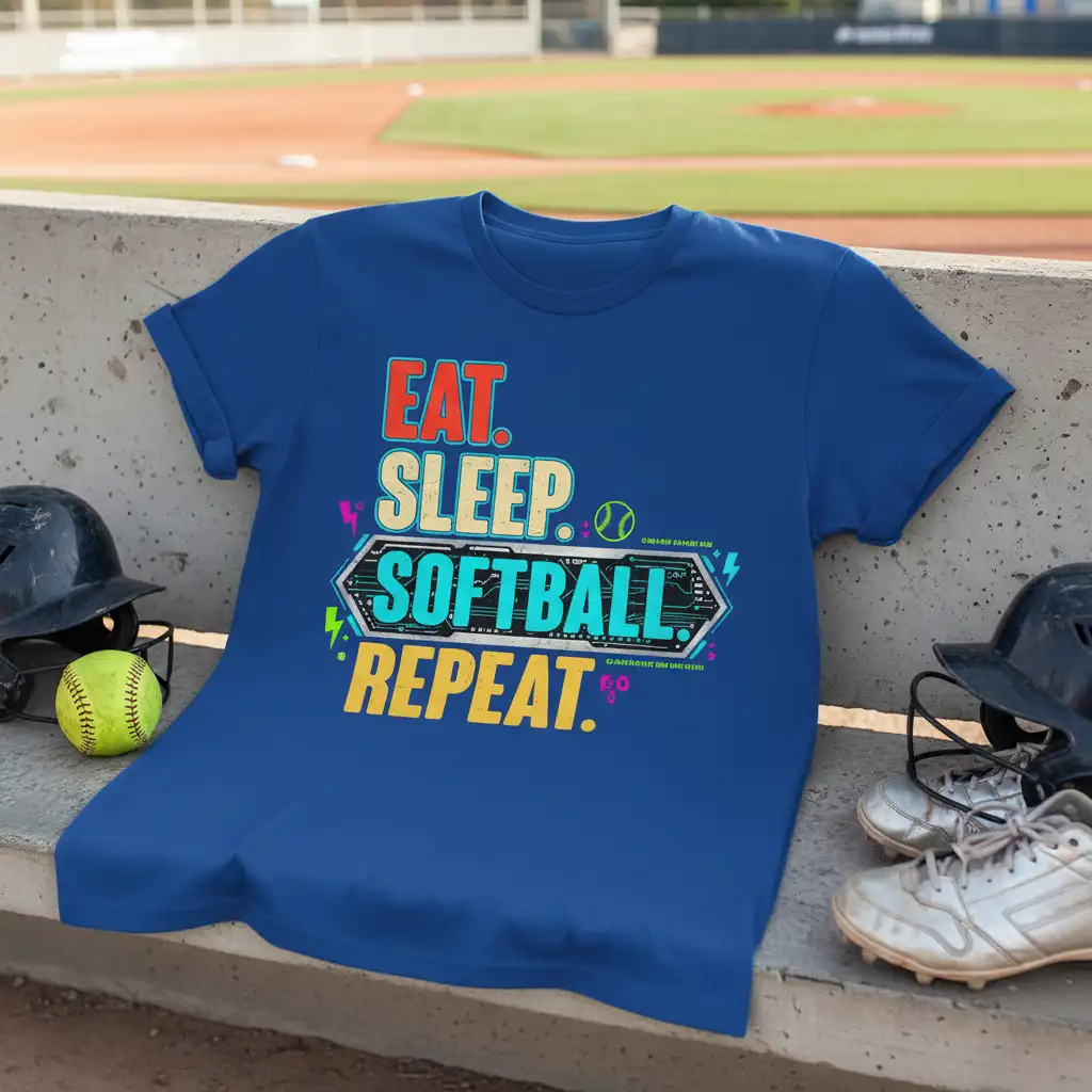 Eat Sleep Softball Repeat text graphic tee with neon accents and softball icon