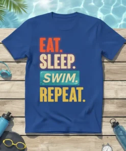 Eat Sleep Swim Repeat text design on a blue t-shirt, with bold typography and swimming-related accessories