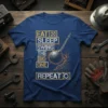 Eat Sleep Swing The Big One Repeat text design with a wrecking ball graphic on a navy blue t-shirt