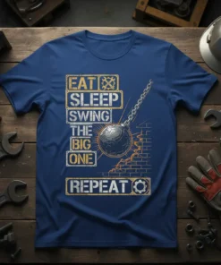 Eat Sleep Swing The Big One Repeat text design with a wrecking ball graphic on a navy blue t-shirt