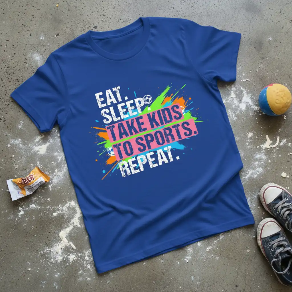 EAT. SLEEP. TAKE KIDS quote printed with bold typography on durable material t-shirt design