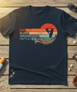 Eat Sleep Wakeboard Repeat text with a graphic of a wakeboarder silhouette against a sunset and waves