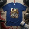 Eat Sleep Wrestle Repeat t-shirt design with a fierce tiger head and bold typography, surrounded by barbed wire and red