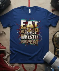 Eat Sleep Wrestle Repeat t-shirt design with a fierce tiger head and bold typography, surrounded by barbed wire and red