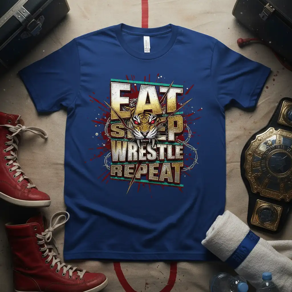 Eat Sleep Wrestle Repeat bold quote tee with fierce tiger graphic and wrestling-themed elements