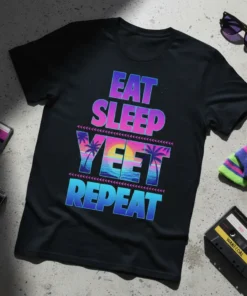 Eat Sleep Yeet Repeat text in retro gradient font with a sunset beach graphic, on a black t-shirt