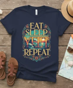 Eat Sleep Yeet Repeat t-shirt with colorful retro beach sunset design and waves, navy blue tee